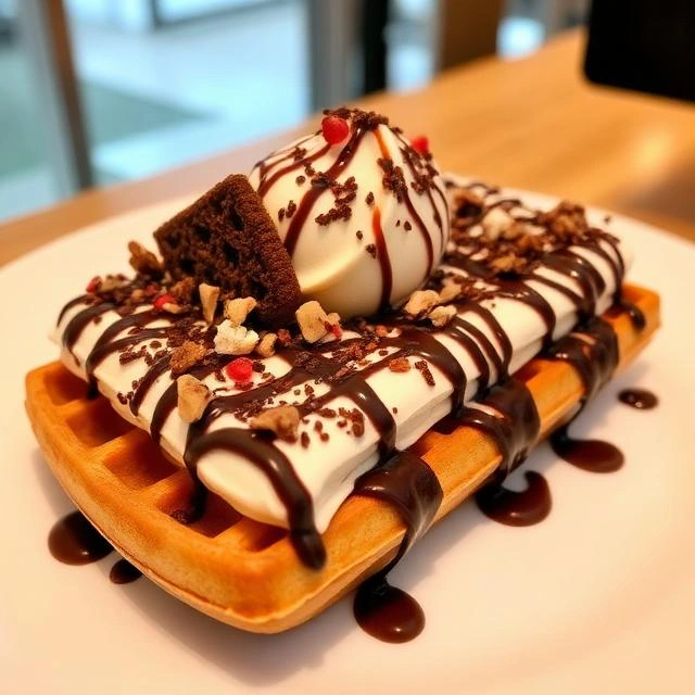 Premium dessert restaurant near Al Majaz serving rolled ice cream, waffles, pancakes, and milkshakes.
