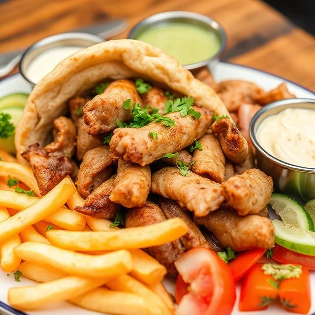 Authentic chicken shawarma platter served with fries, garlic sauce, pickled turnips, hummus, and Arabic bread