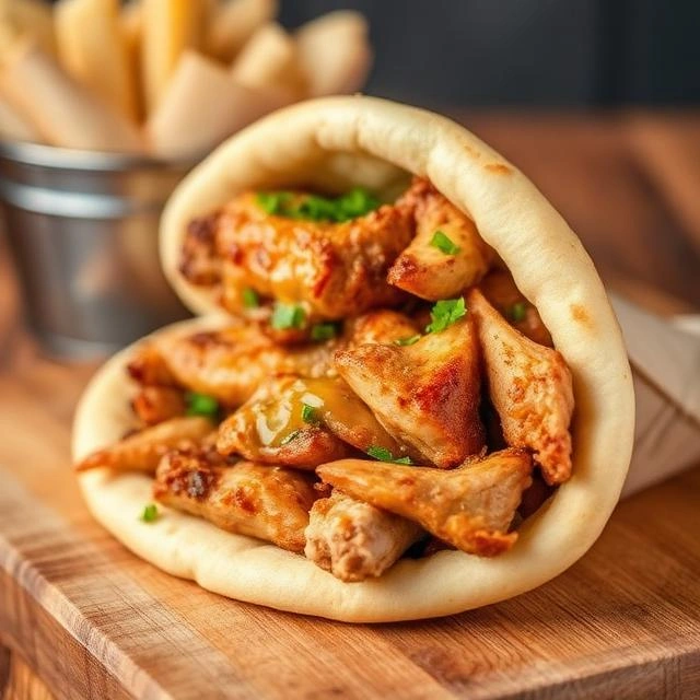 Traditional pita bread filled with freshly grilled Arabic chicken shawarma