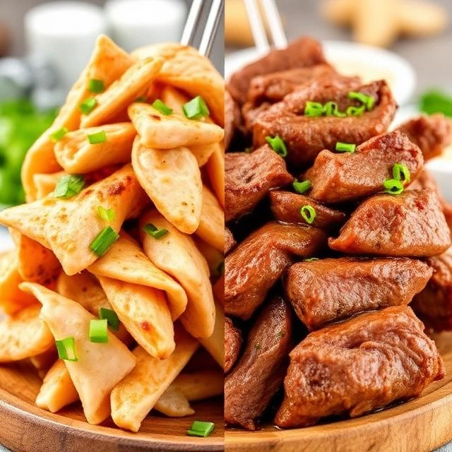 Chicken shawarma and beef shawarma served side by side with fresh Arabic bread, garlic sauce, and pickled vegetables.
