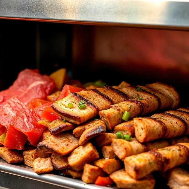 Chef slicing freshly roasted Arabic shawarma from a vertical spit for authentic Middle Eastern serving.