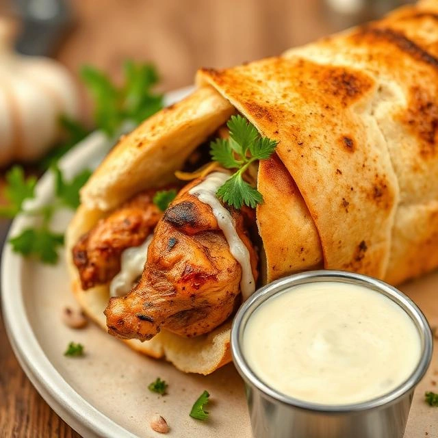 Top Ingredients That Make Authentic Arabic Shawarma Taste Better 3 Freshly sliced chicken shawarma cooked on a vertical rotisserie