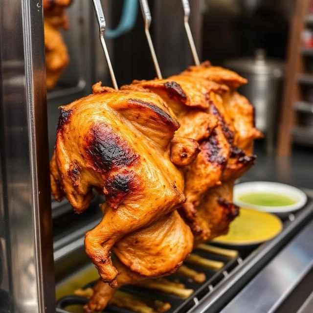 Freshly grilled chicken shawarma rotating on a vertical rotisserie in Sharjah