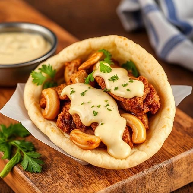 Arabic shawarma wrapped in fresh saj bread with toum garlic sauce