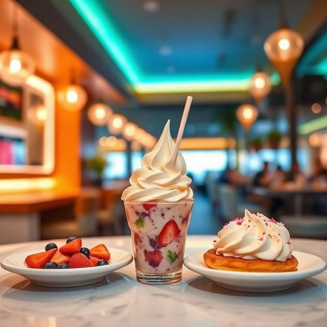 Family enjoying freshly prepared desserts and rolled ice cream at a modern dessert restaurant in Sharjah.