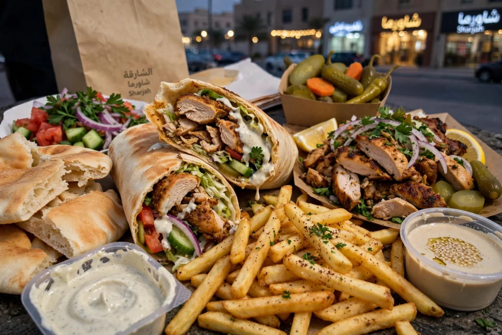 What to Serve with Arabic Shawarma: Fries, Pickles, Garlic Sauce & More 1 Arabic chicken shawarma wrap served with fries and garlic sauce