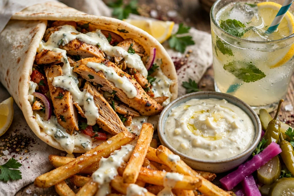 What to Serve with Arabic Shawarma: Fries, Pickles, Garlic Sauce & More 2 Traditional Arabic shawarma with pickles and creamy garlic sauce
