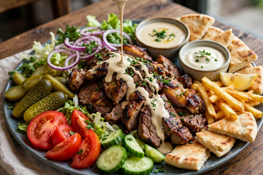 What to Serve with Arabic Shawarma: Fries, Pickles, Garlic Sauce & More 3 Chicken shawarma wrap with pickled vegetables and toum sauce