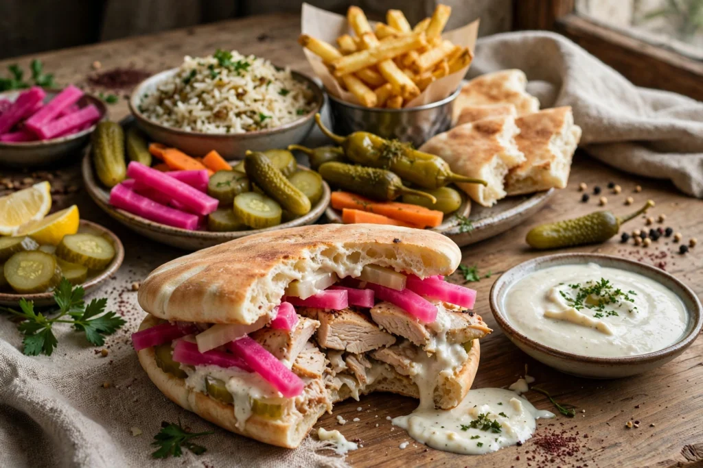 What to Serve with Arabic Shawarma: Fries, Pickles, Garlic Sauce & More 4 Crispy French fries served alongside a fresh shawarma wrap