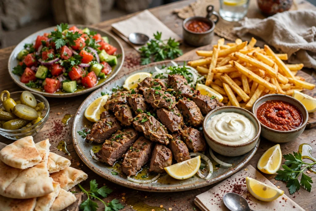 What to Serve with Arabic Shawarma: Fries, Pickles, Garlic Sauce & More 5 Garlic sauce served with freshly prepared chicken shawarma