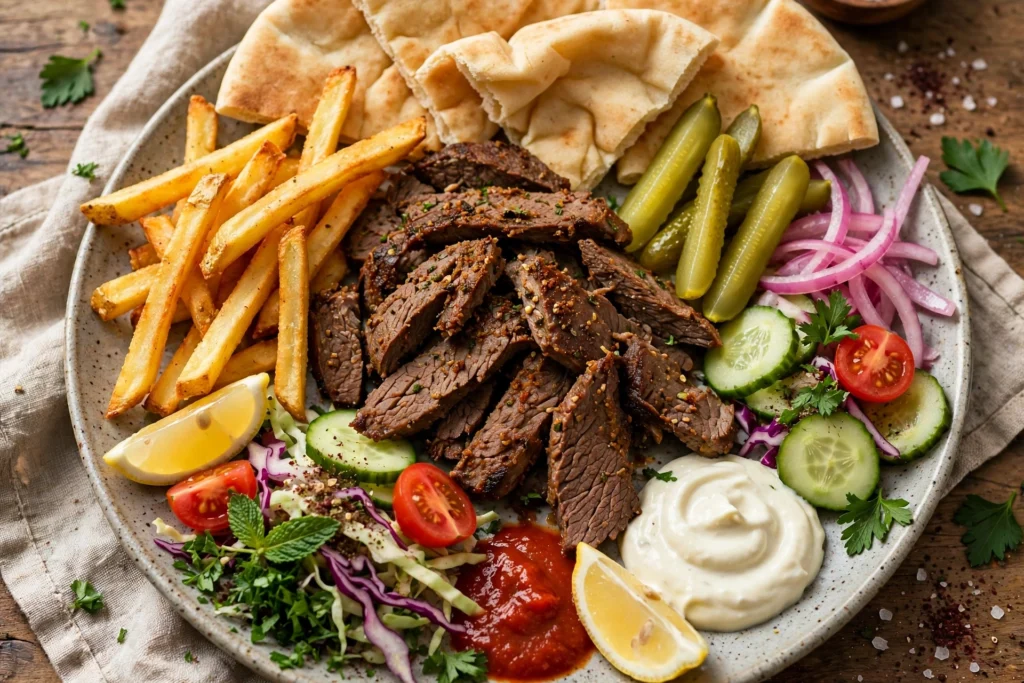 What to Serve with Arabic Shawarma: Fries, Pickles, Garlic Sauce & More 8 Pink pickled turnips served beside a traditional shawarma sandwich